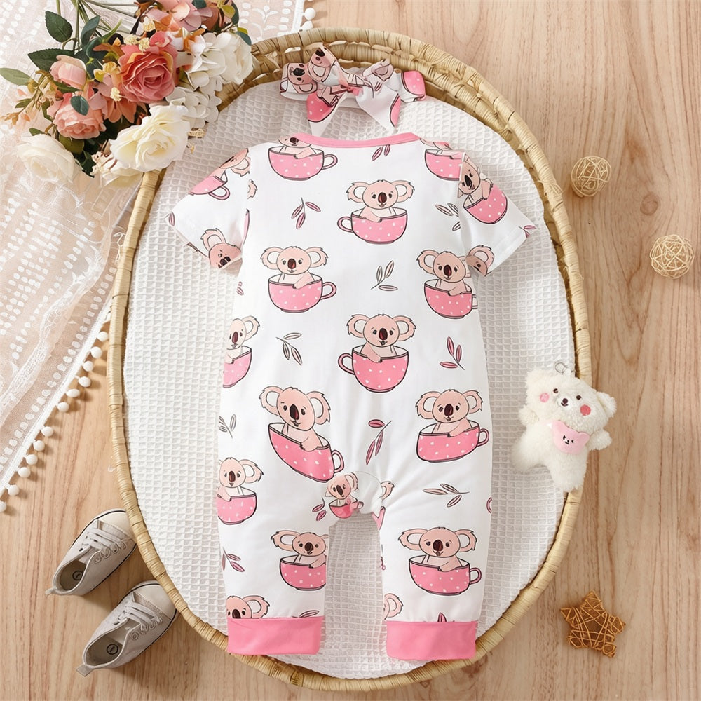 2PCS Lovely Koala Print Short Sleeve Baby Girl Jumpsuit