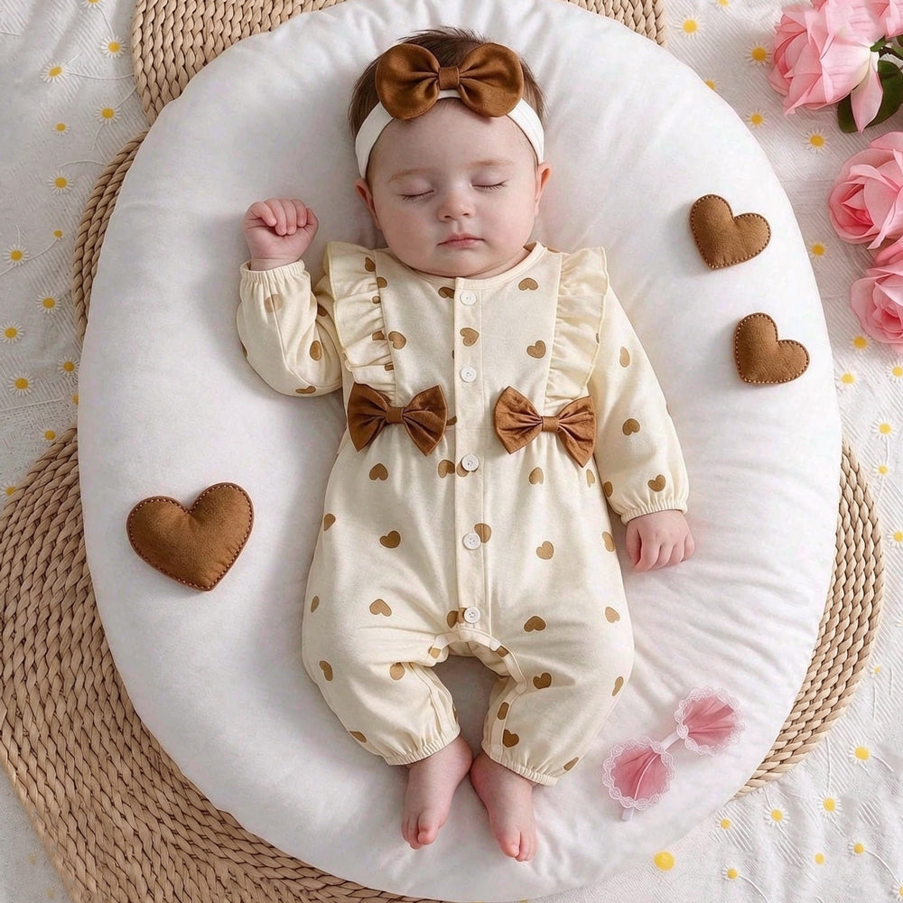 2PCS Delightful Heart Print Ruffle Long Sleeve Baby Girl Jumpsuit