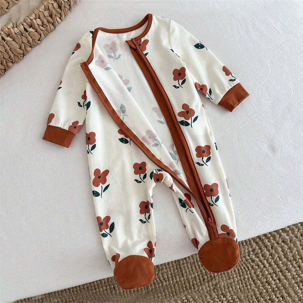 2PCS Casual Floral Printed Long Sleeve Zip Baby Jumpsuit