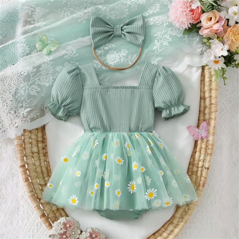 2PCS Cute Floral Printed Short Sleeve Tulle Skirt Baby Romper