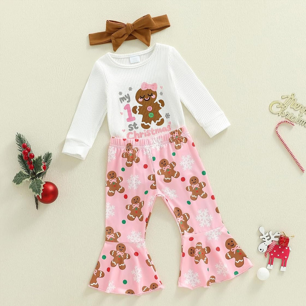 3PCS My 1st Christmas Letter Gingerbread Man Print Baby Girl Set