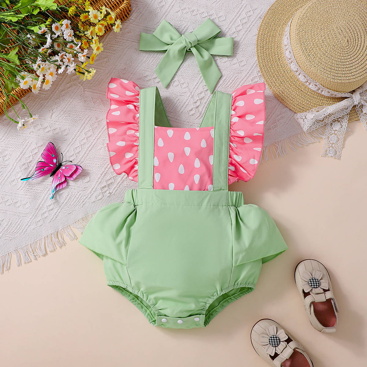 2PCS Lovely Watermelon Seed Print Flutter Sleeve Baby Romper