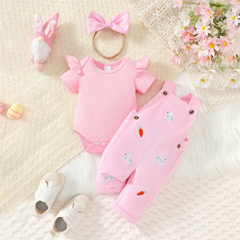3PCS Rabbit Carrot Embroidery Short Sleeve Baby Overalls Set