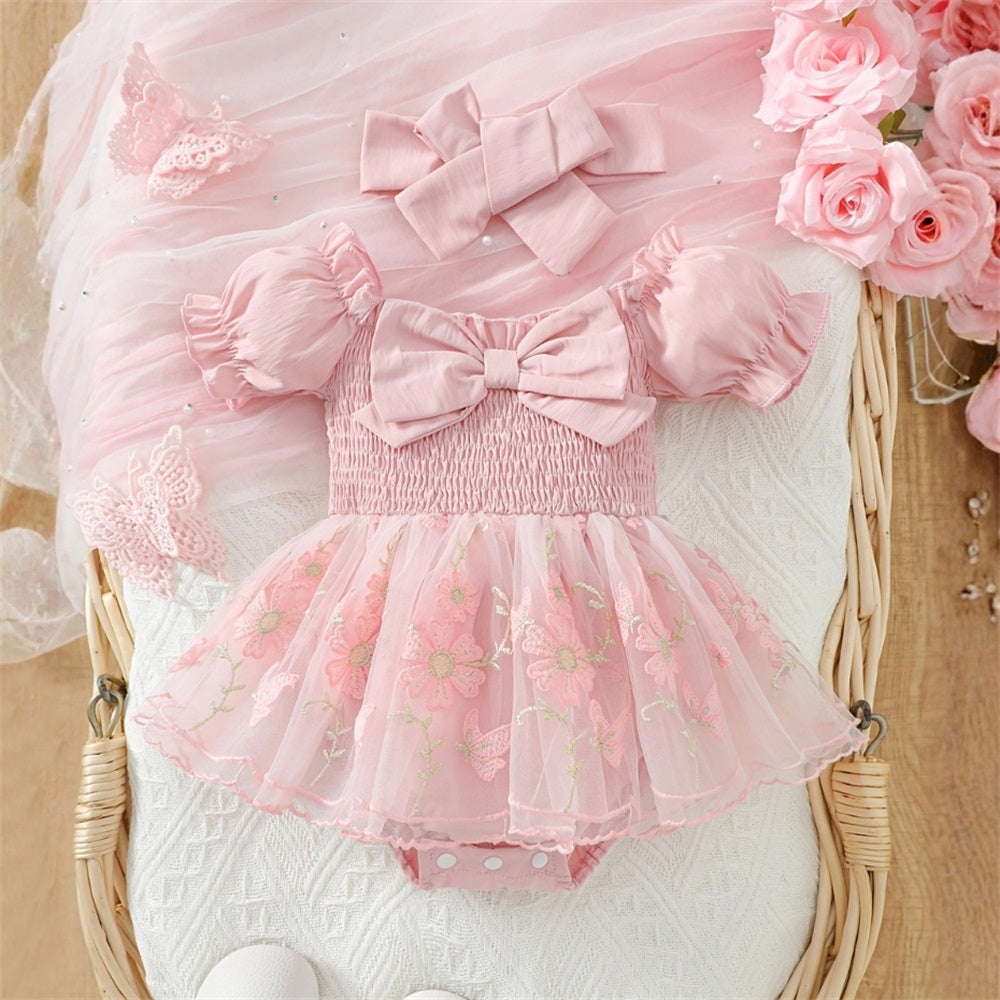 2PCS Floral Embroidery Short Sleeve Mesh Skirt Baby Romper