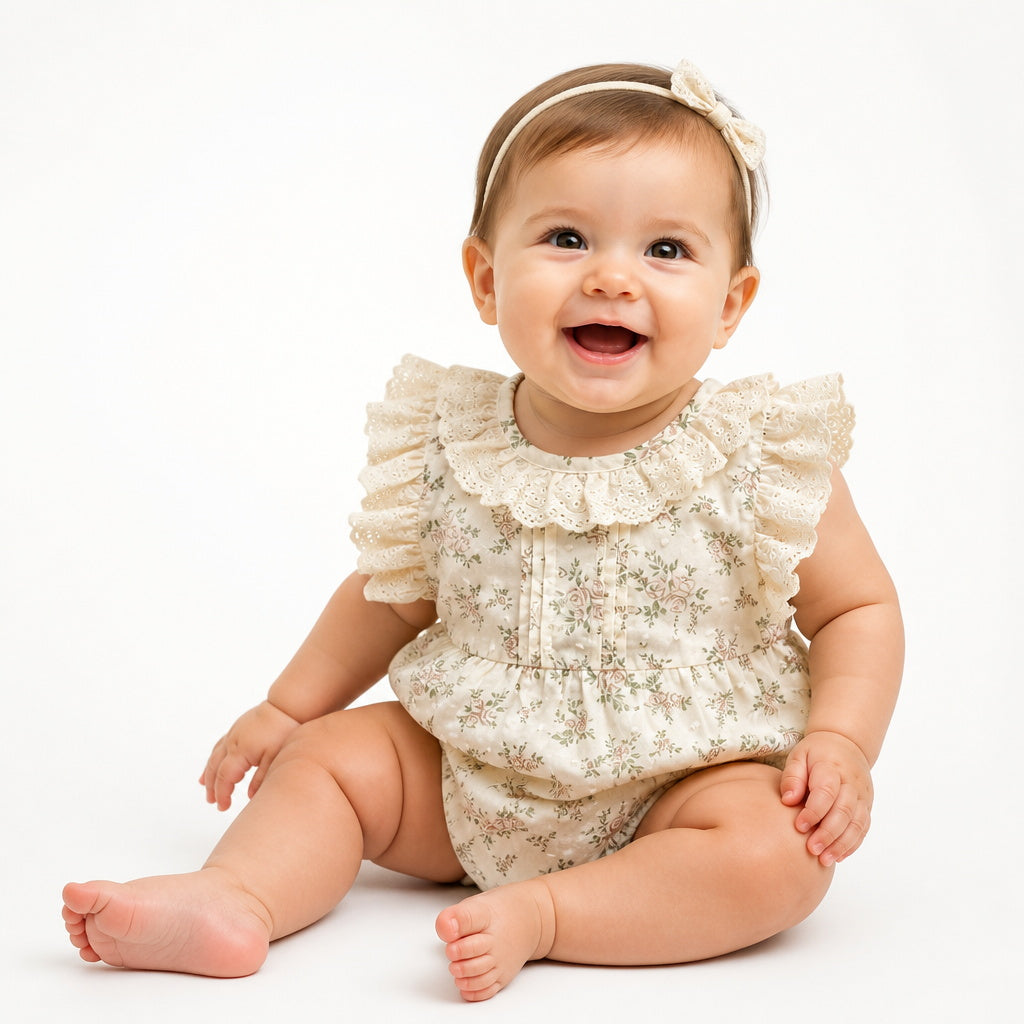 Pretty Floral Print Flutter Sleeve Lace Decor Baby Romper