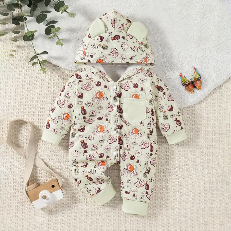 Moon and Stars Print Long Sleeve Baby Hooded Jumpsuit
