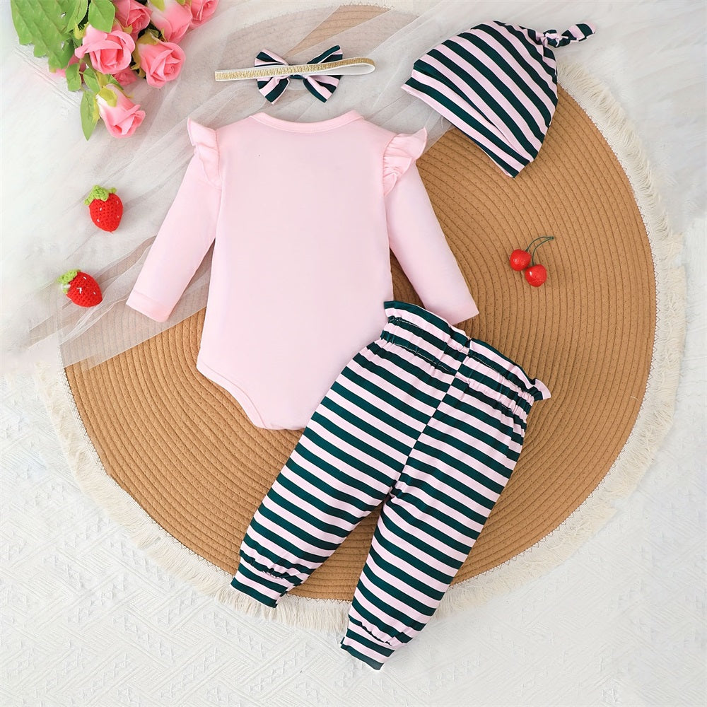 4PCS Strawberry Print Striped Long Sleeve Baby Set