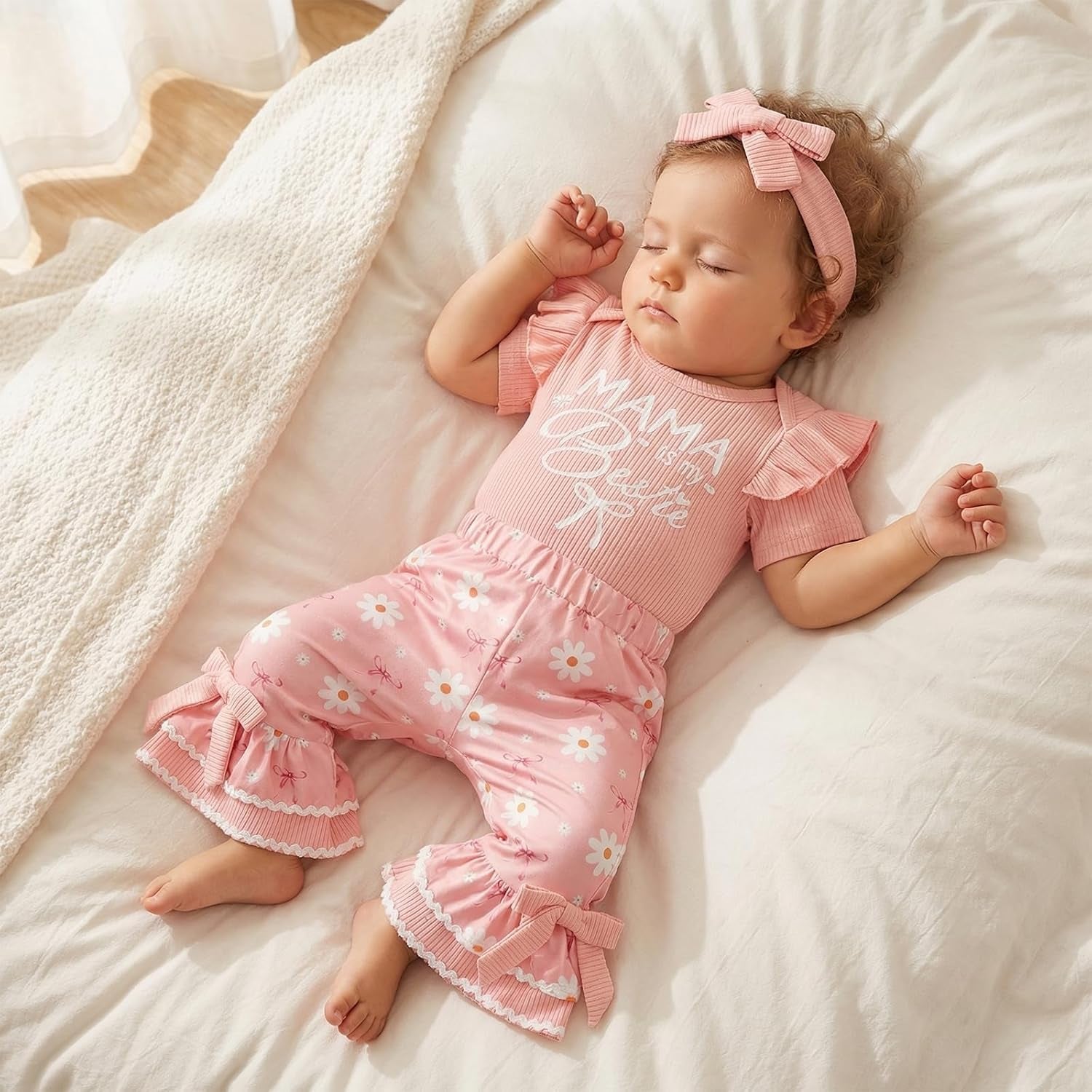 3PCS Mama is My Bestie Letter Floral Printed Baby Set
