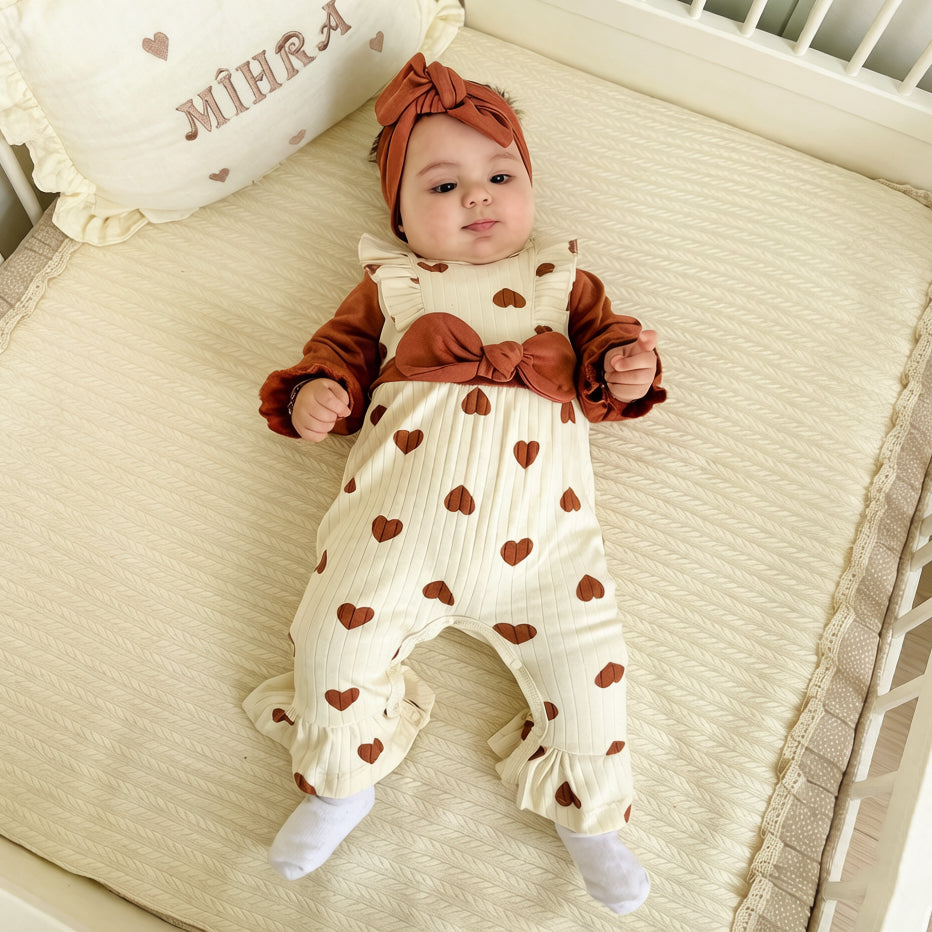3PCS Pretty Heart Printed Long Sleeve Baby Girl Jumpsuit