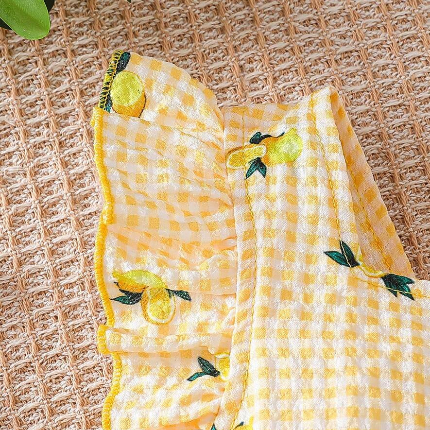 2PCS Fresh Lemon & Plaid Print Flutter Sleeve Baby Jumpsuit