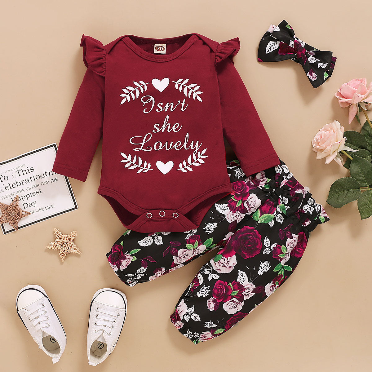 3PCS Isn't She Lovely Letter Floral Printed Baby Girl Set
