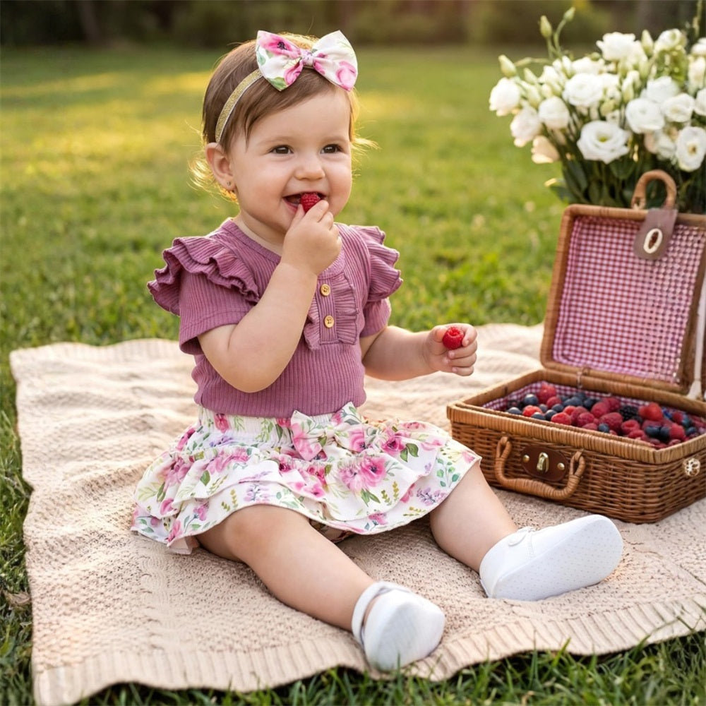 3PCS Summer Stylish Floral Printed Bow Short Sleeve Baby Set