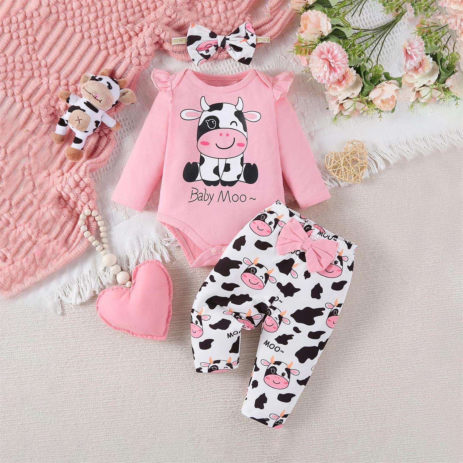 3PCS Cute Cow Printed Long Sleeve Baby Girl Set