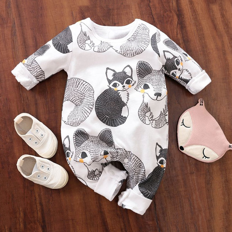 Cozy All-Over Fox Printed Long Sleeve Baby Jumpsuit