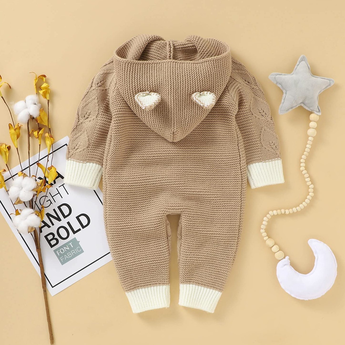 Solid Color Knitted Sweater Long Sleeve Hooded Baby Jumpsuit