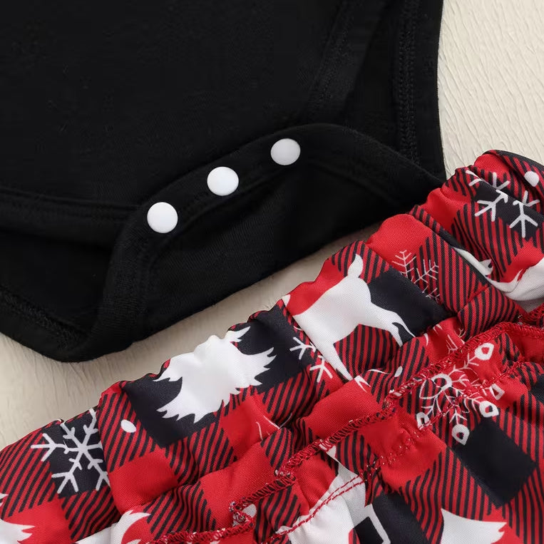 3PCS Merry Christmas Letter Reindeer Plaid Print Long Sleeve Baby Set