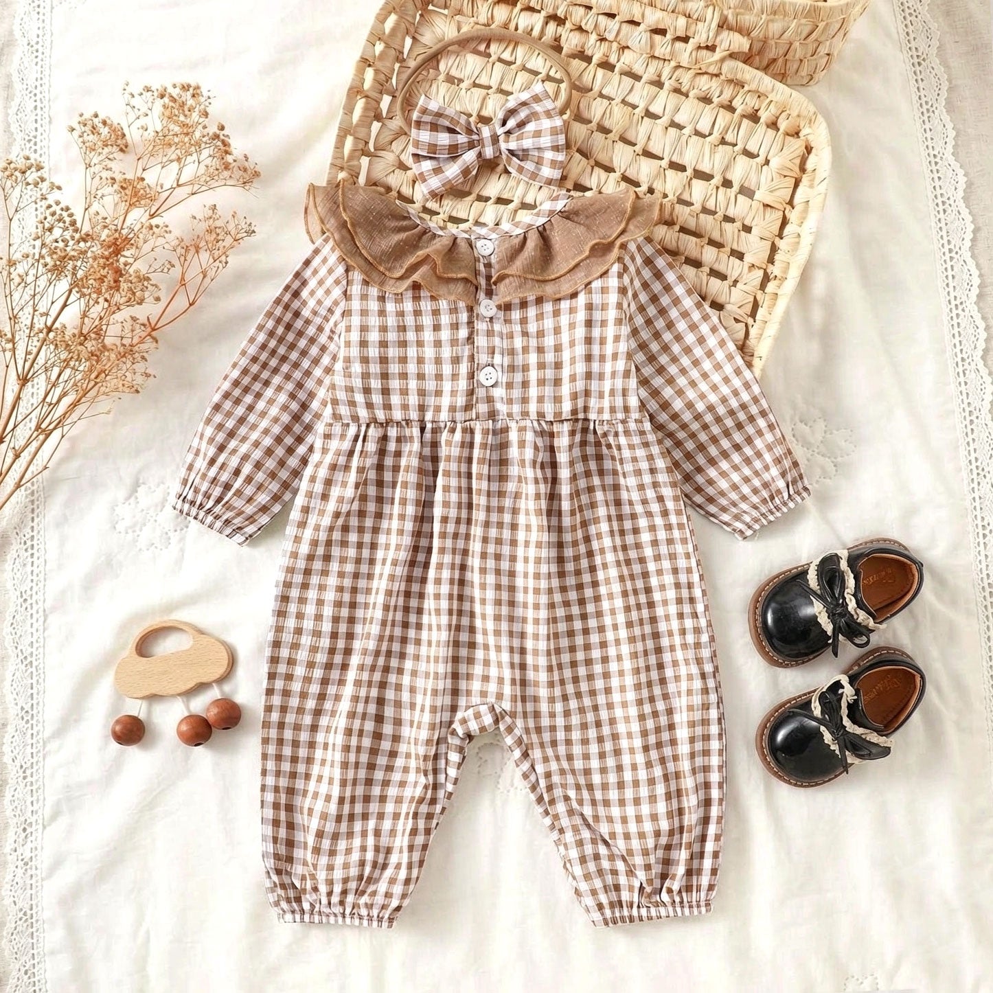 2PCS Sweet Plaid Printed Ruffled Trim Long Sleeve Baby Jumpsuit