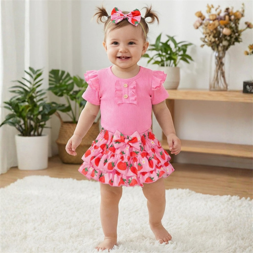3PCS Summer Sweet Strawberry Printed Short Sleeve Baby Set