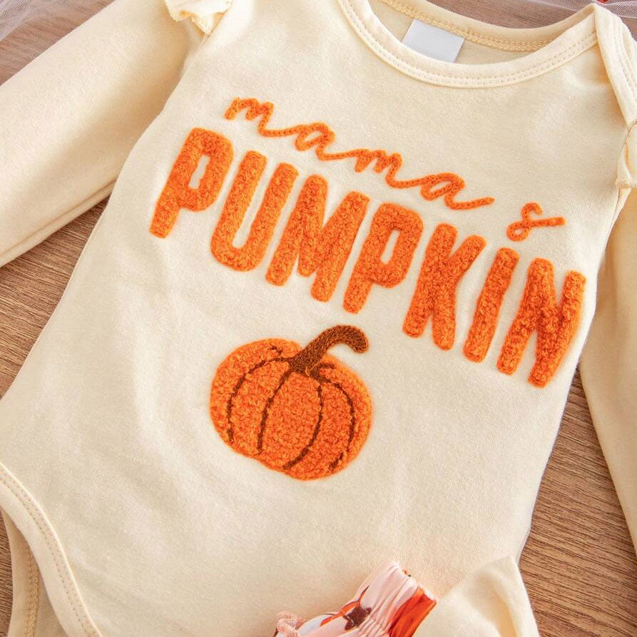 4PCS Mama's Pumpkin Letter Applique Pumpkin Print Baby Set