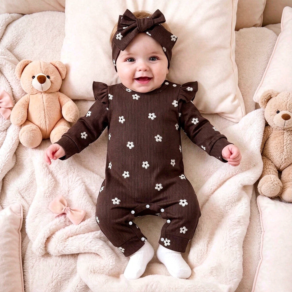 2PCS Endearing Floral Print Long Sleeve Baby Girl Jumpsuit