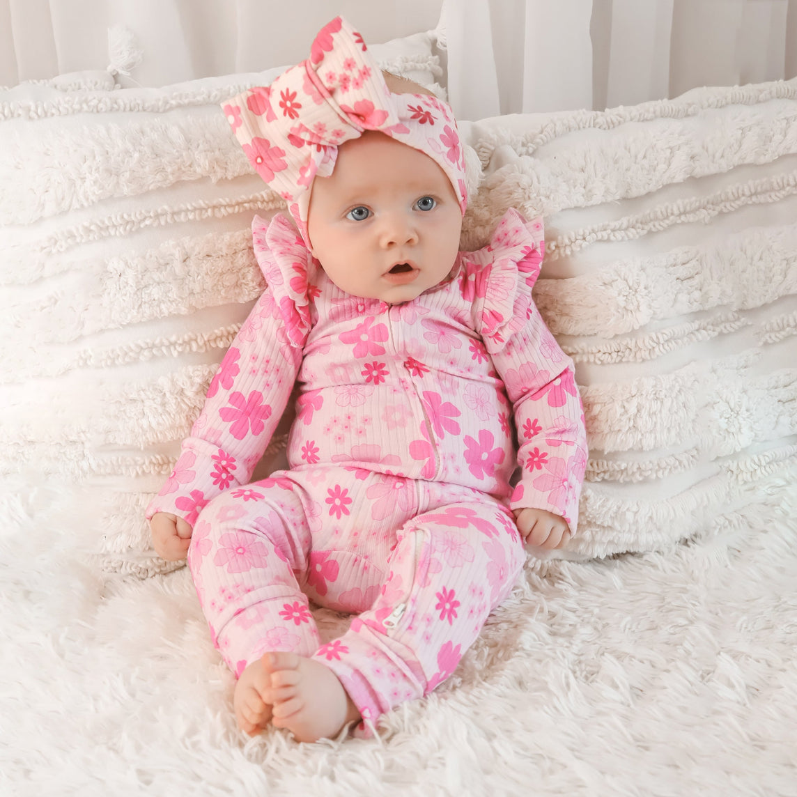 2PCS Allover Floral Printed Ruffle Zipper Baby Jumpsuit