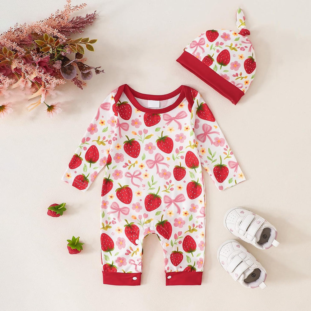 2PCS Timeless Strawberry Printed Long Sleeve Baby Jumpsuit