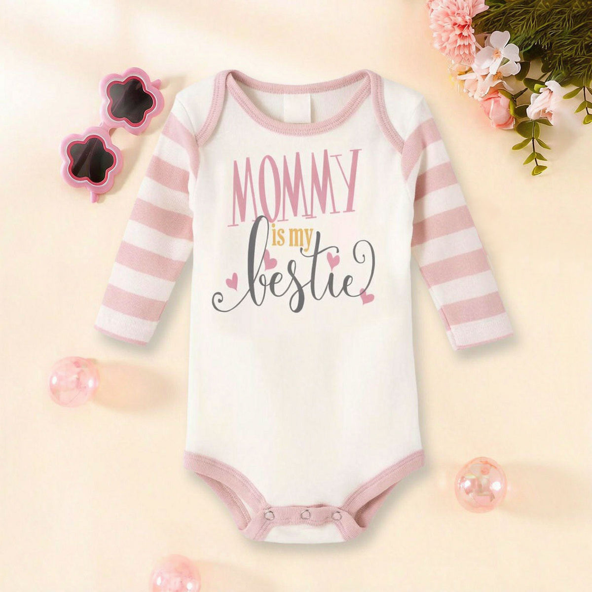 Mommy Is My Bestie Letter Stripe Printed Baby Girl Romper