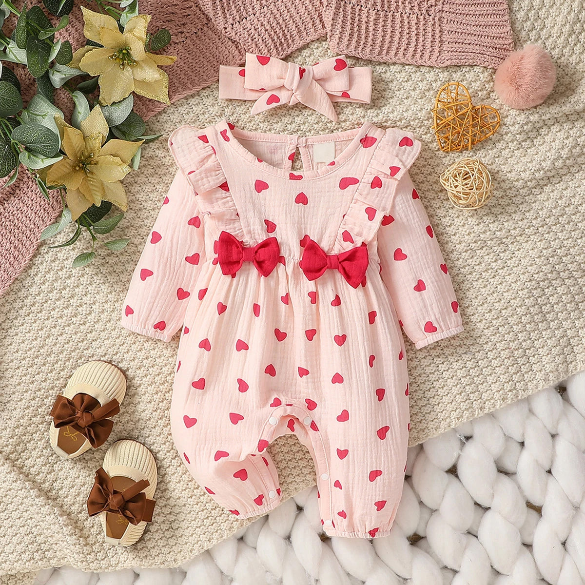 2PCS Pretty Heart Printed Bowknot Decor Baby Jumpsuit