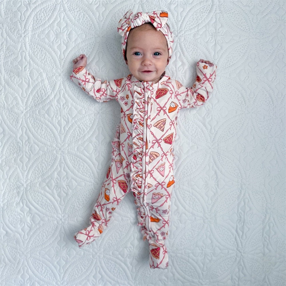 2PCS Cute Pie Slices Bow Print Long Sleeve Baby Jumpsuit