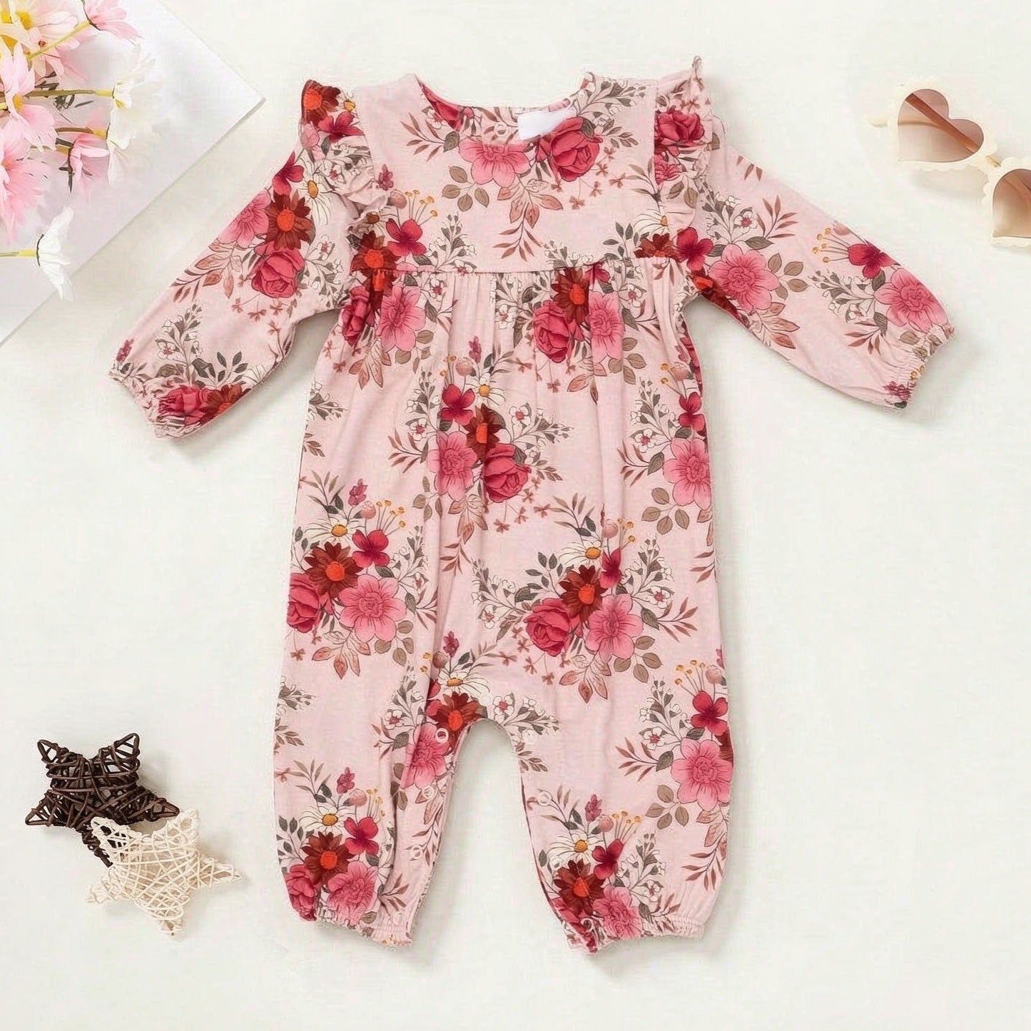 Charming All-Over Floral Printed Long Sleeve Baby Jumpsuit