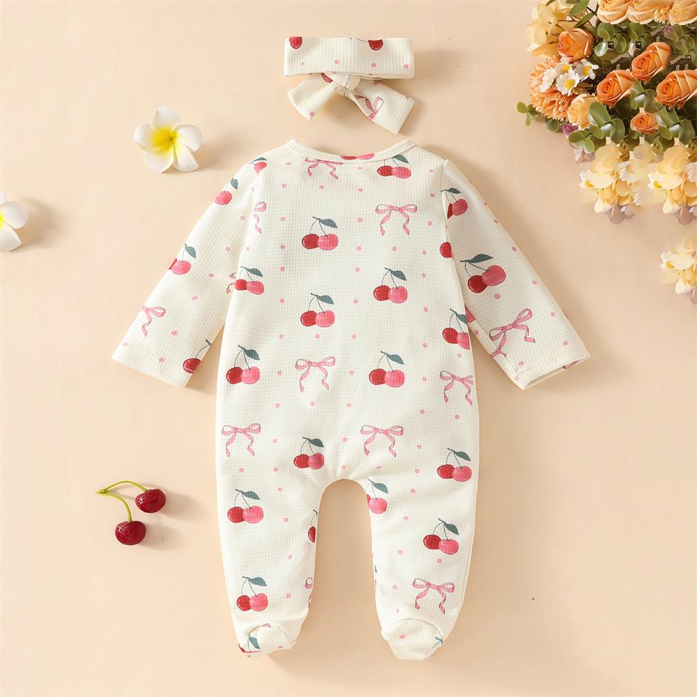 2PCS Cherry and Bow Print Ruffle Long Sleeve Baby Jumpsuit