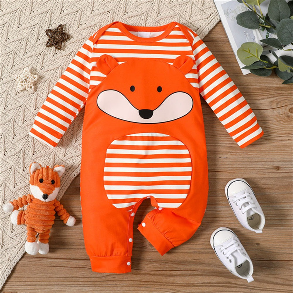 Cute Fox Print Striped Long Sleeve Baby Jumpsuit