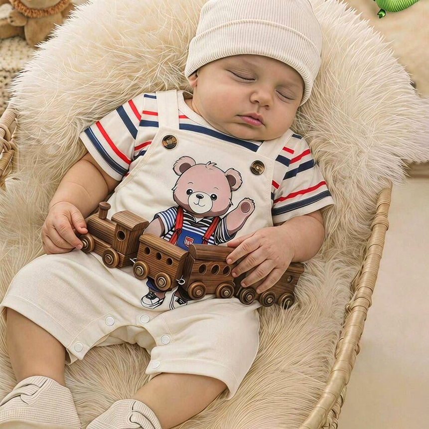 2PCS Adorable Bear Stripe Print Overalls Baby Set