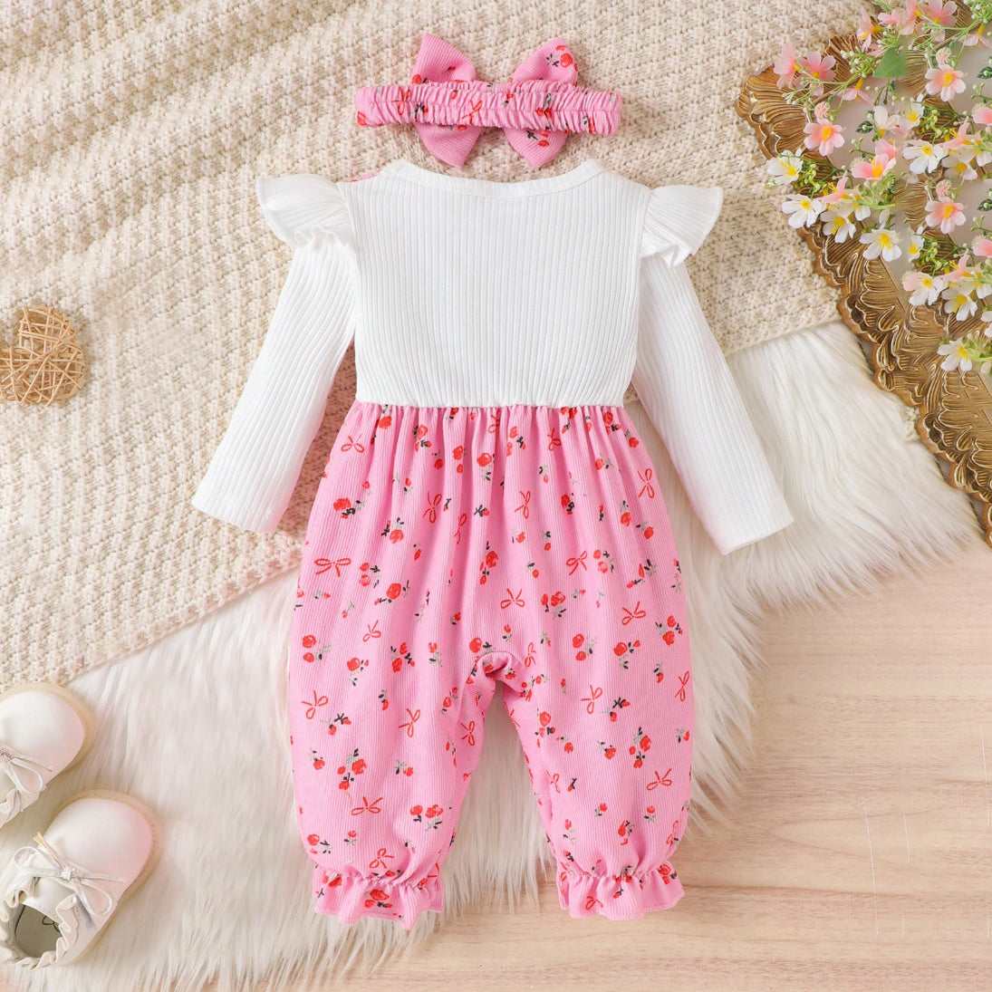 2PCS Lovely Floral Bow Printed Ruffle Baby Jumpsuit
