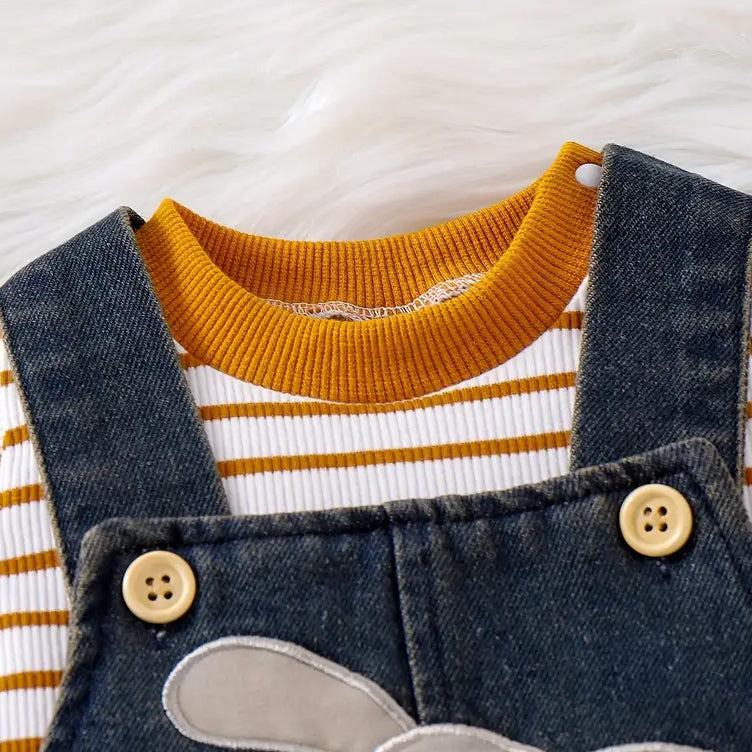 2PCS Puppy Embroidery Stripe Printed Denim Overalls Baby Set