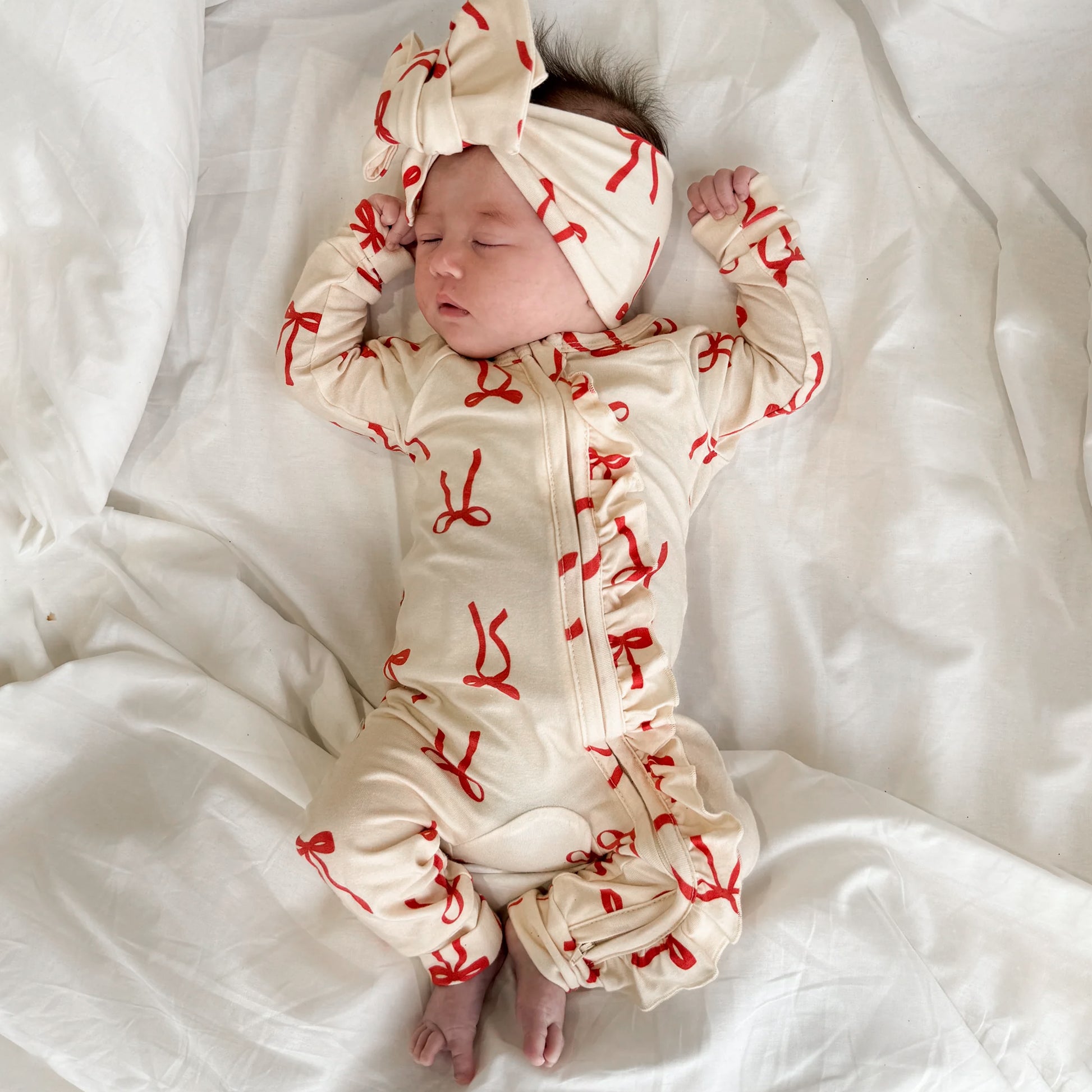 2PCS Christmas Bowknot Printed Zipper Long Sleeve Baby Jumpsuit