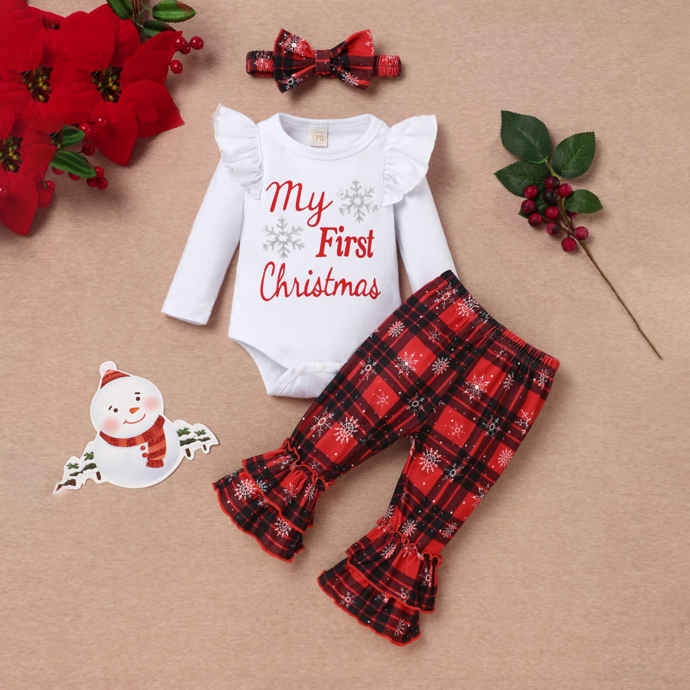 3PCS My First Christmas Letter Snow Plaid Printed Long Sleeve Baby Set