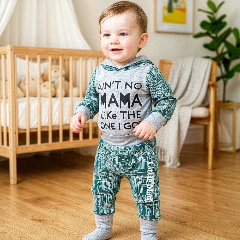 2PCS Ain't No Mama Letter Irregular Line Grid Print Hoodie Baby Set