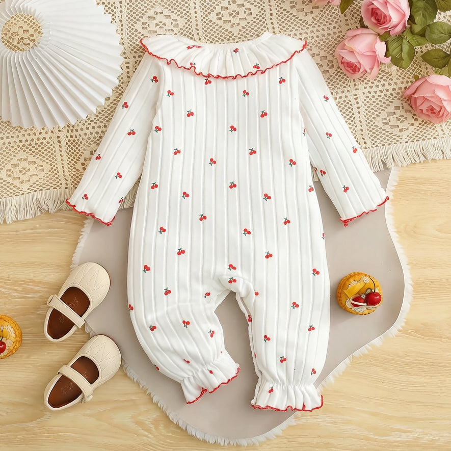 Comfy Cherry Printed Ruffle Trim Long Sleeve Baby Jumpsuit