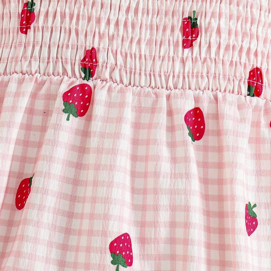Elegant Strawberry Plaid Print Short Sleeve Baby Jumpsuit