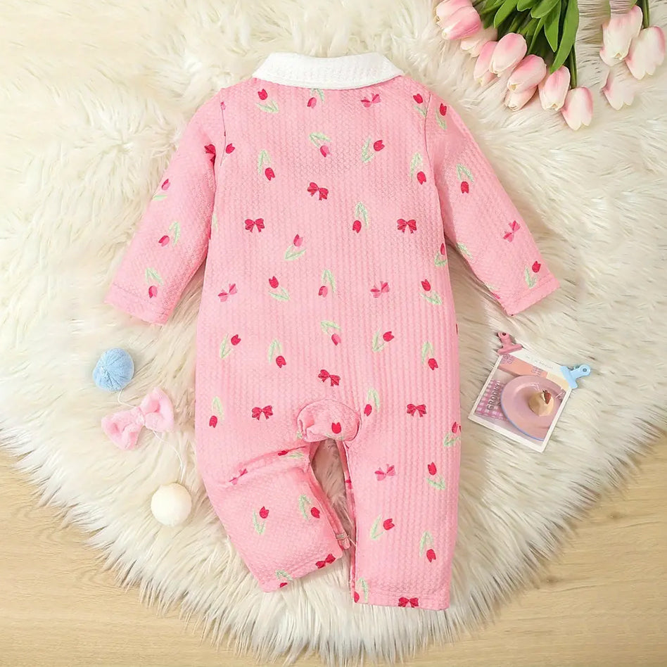 Cartoon Tulip Bowknot Printed Turndown Collar Long Sleeve Baby Jumpsuit