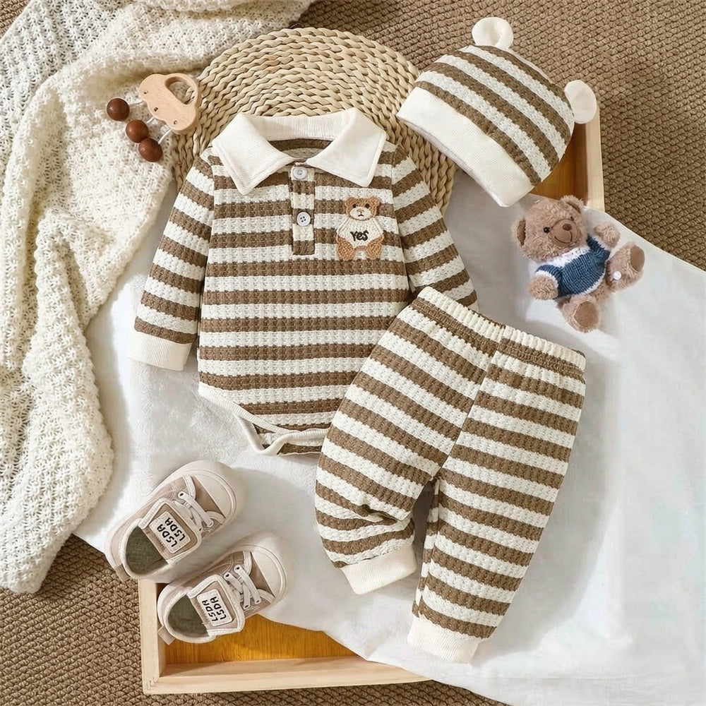 3PCS Stripe Print Bear Applique Long Sleeve Baby Set
