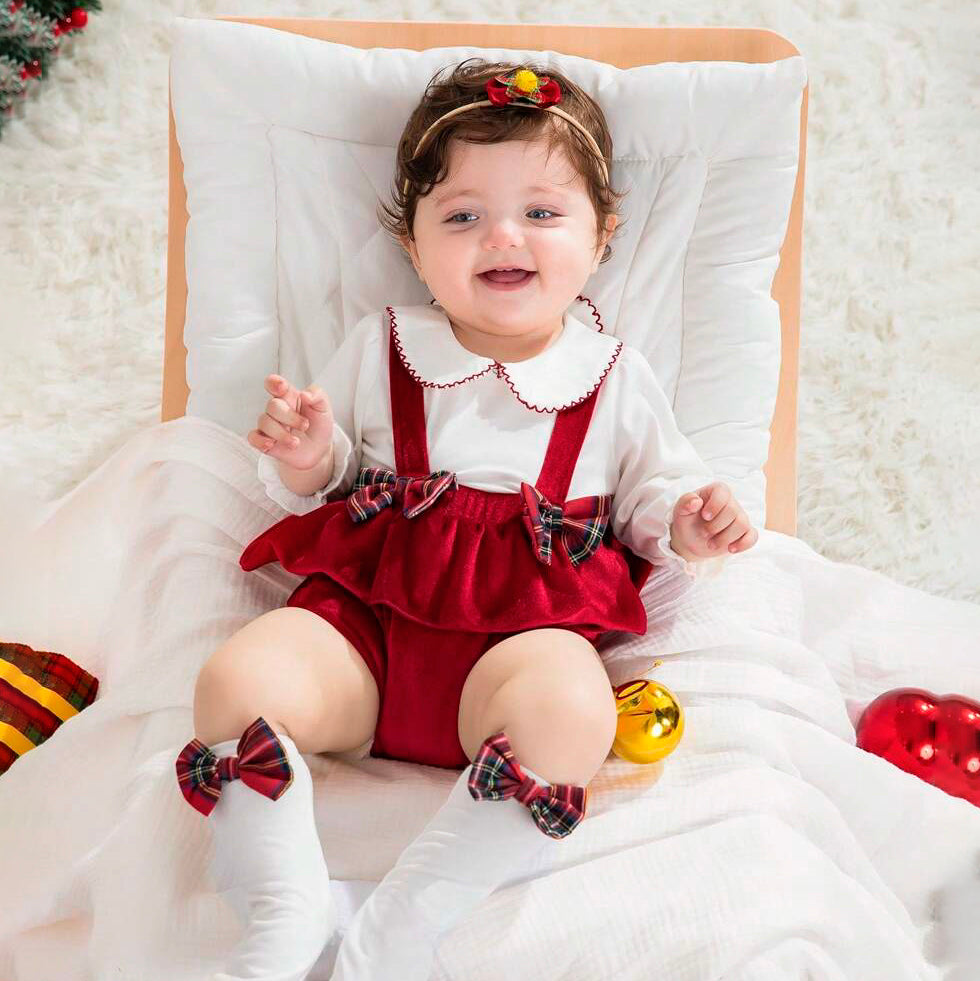 3PCS Solid Color Cute Bow Overalls Baby Set