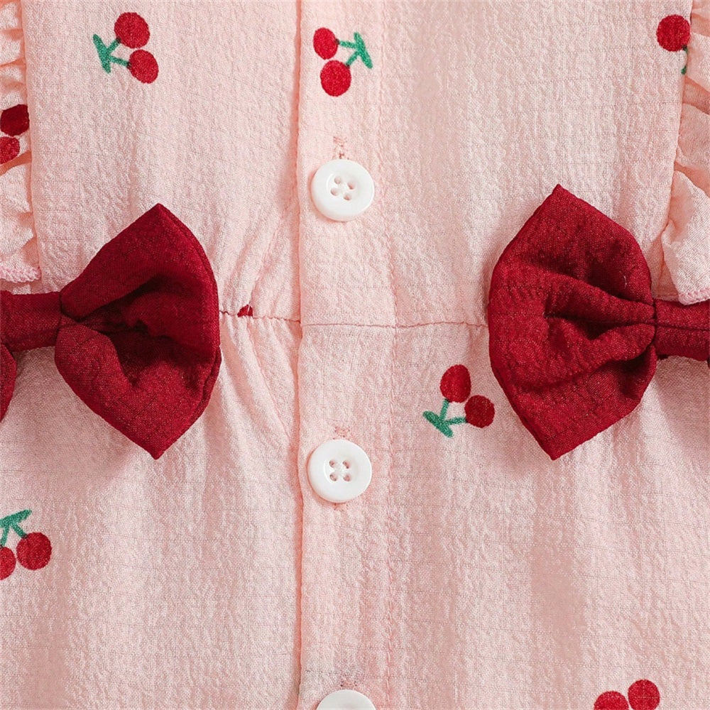 2PCS Cute Cherry Printed Bow Long Sleeve Baby Jumpsuit
