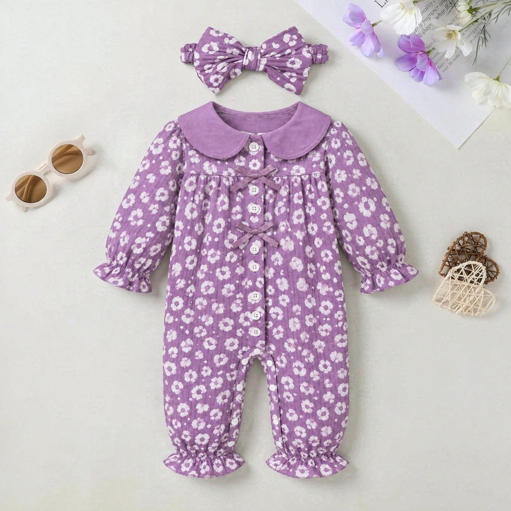 2PCS Charming Baby Girl Floral Print Bow Tie Long Sleeve Jumpsuit