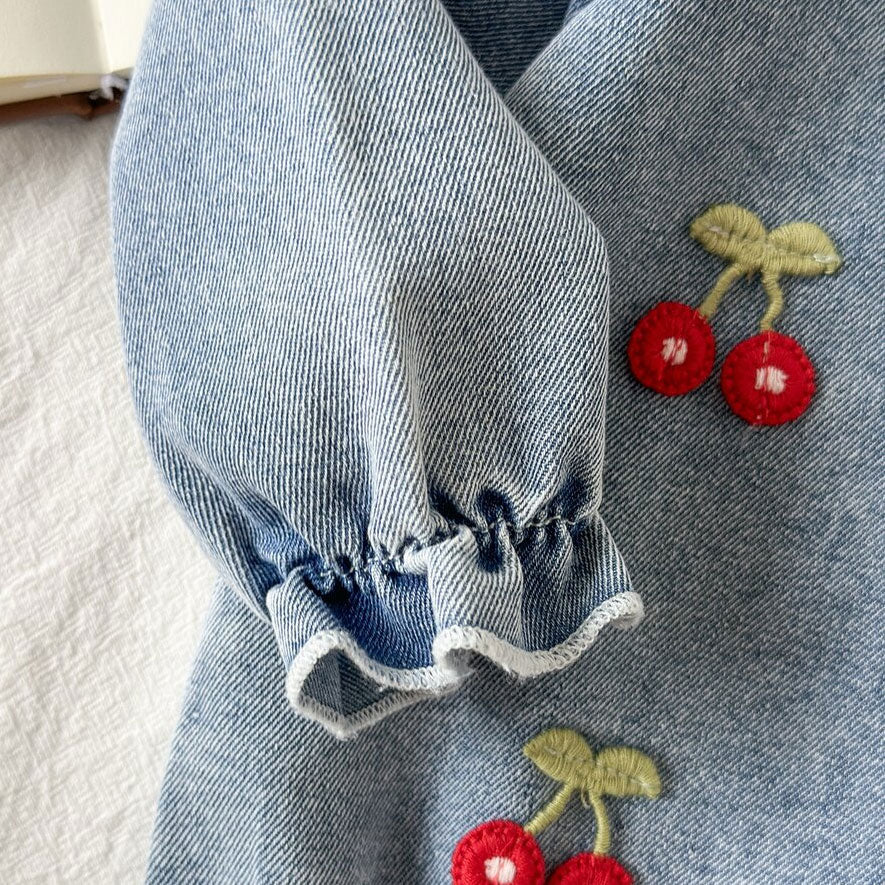Cherry Embroidered Long Sleeve Ruffled Denim Baby Romper