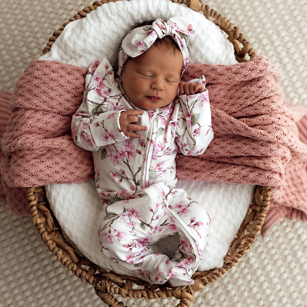 Pretty Cherry Blossoms Printed Long Sleeve Ruffled Zipper Baby Jumpsuit