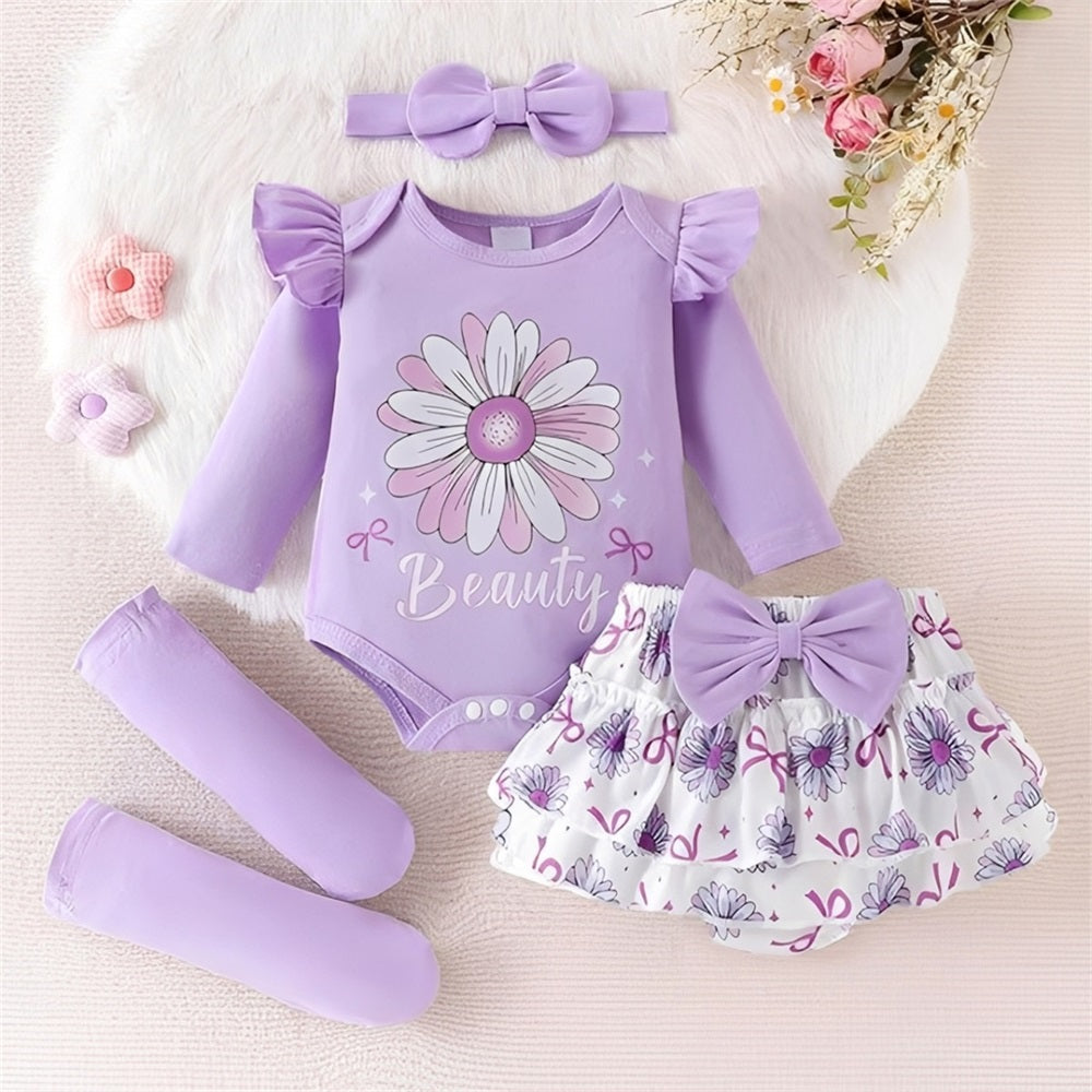4PCS Cute Floral Print Long Sleeve Baby Set