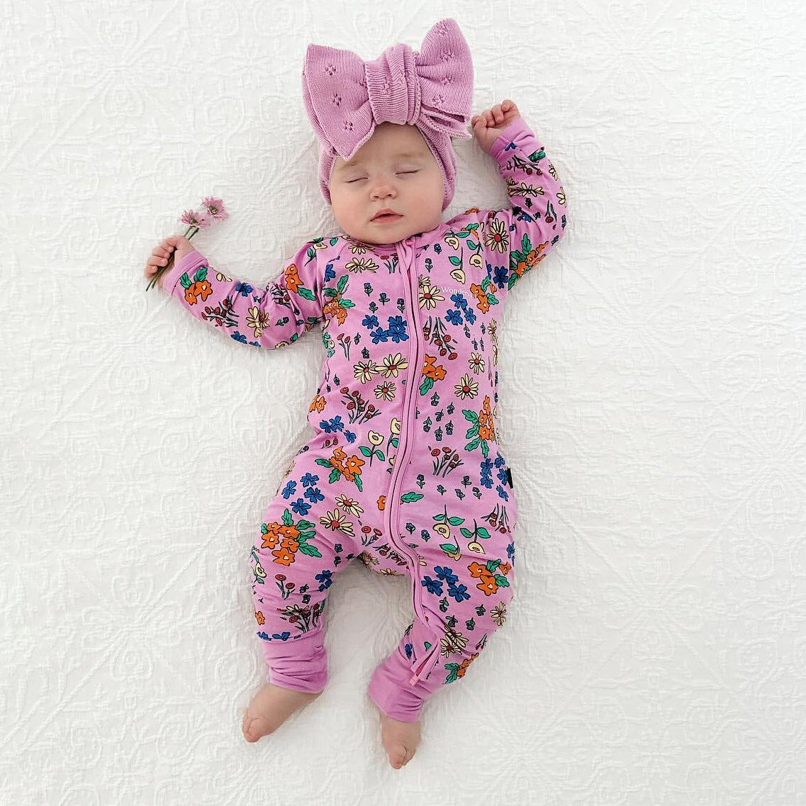 Comfy Allover Floral Printed Long Sleeve Zipper Baby Jumpsuit