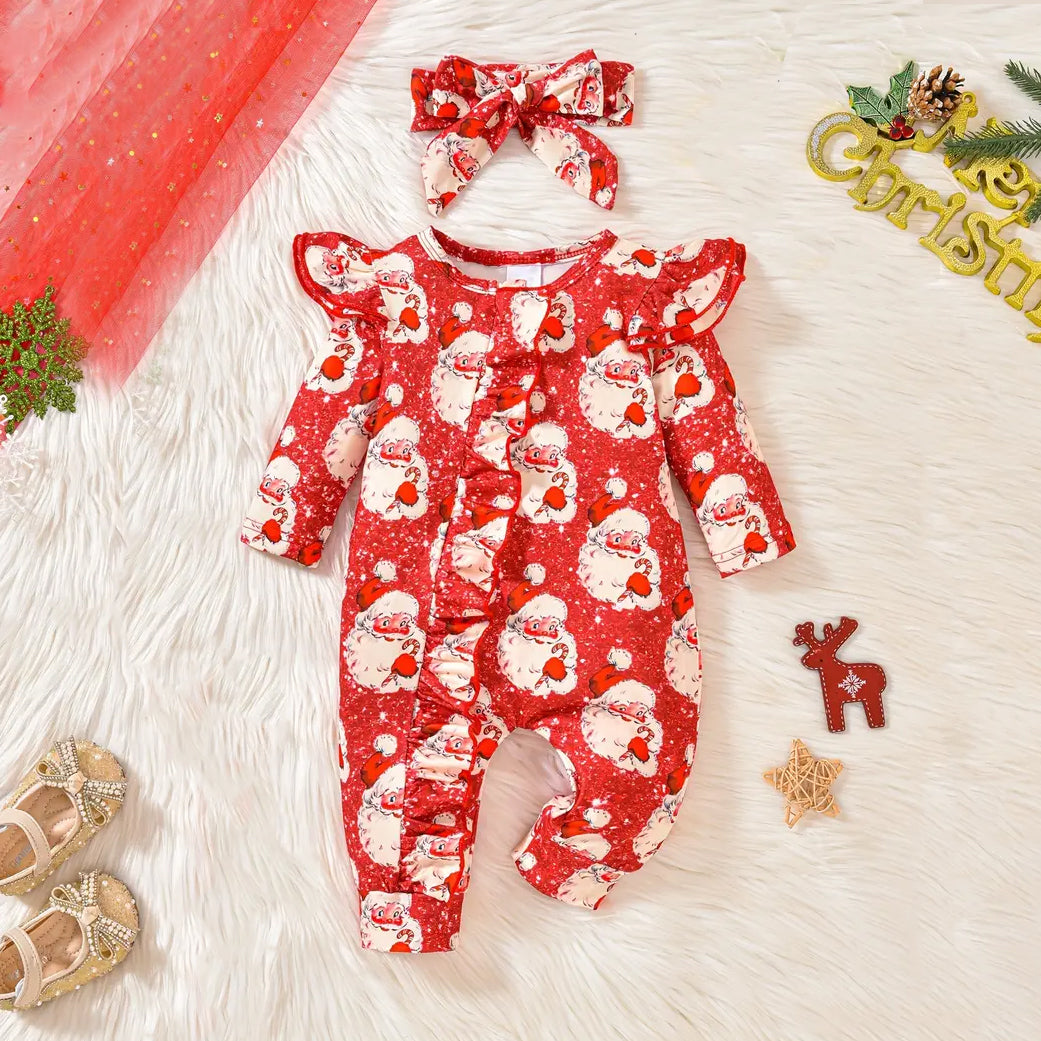 2PCS Christmas Santa Claus Printed Long Sleeve Zipper Baby Jumpsuit